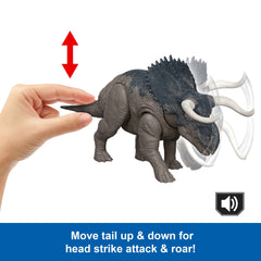 Jurassic World Rebirth Wild Roar Nasutoceratops Dinosaur Toy, Tail Controlled Attack Chomp & Sound