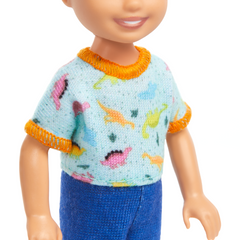Barbie Chelsea Doll, Small Boy Doll Wearing Removable One-Piece With Dino Print, Blond Hair & Blue Eyes