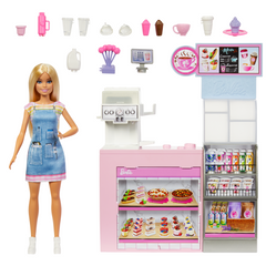 Barbie Coffret de Jeu Café, Poupée Barista Blonde, 10+Accessoires