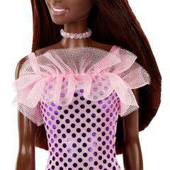 Barbie Poupée Cheveux Brun Foncé et Robe Métallique